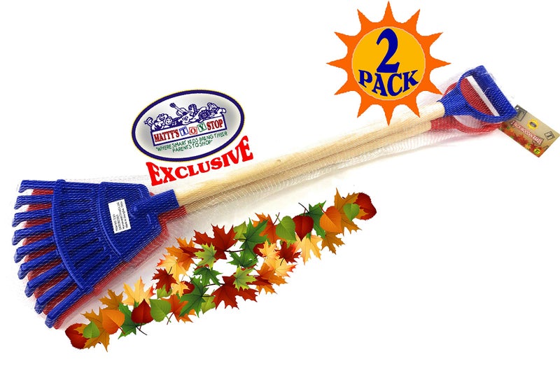 Matty's Toy Stop 30.5" Heavy Duty Wooden Kids Lawn Rakes with Plastic Rake Head & Handle (Red & Blue) Gift Set Bundle - 2 Pack - Image 4